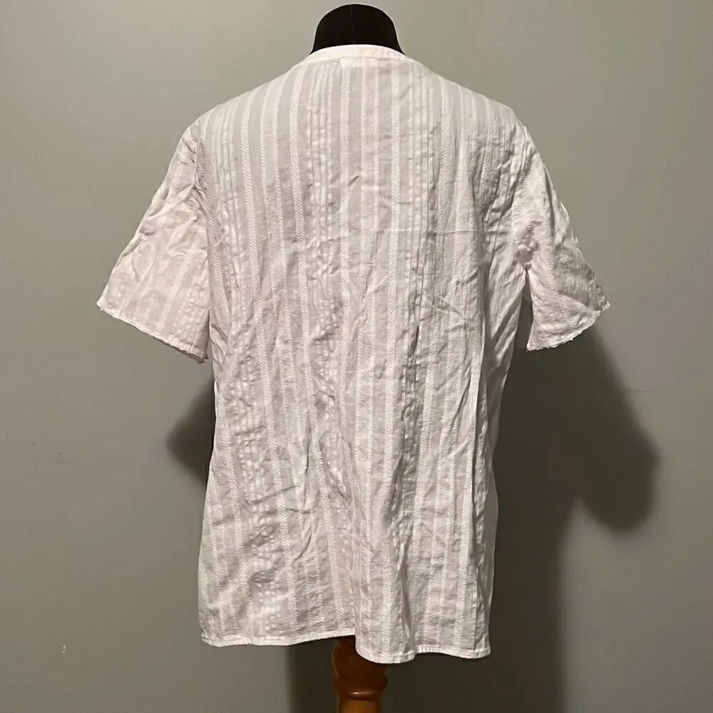 Westport Women's White Striped Lace Short Sleeve Neck Tie Top Size Large